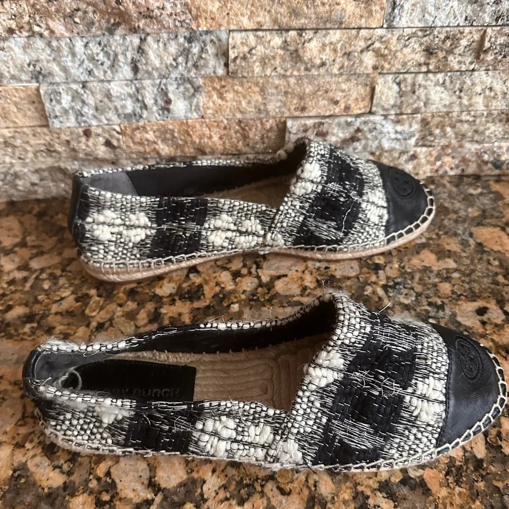 Tory Burch Wool Color Block Flat Espadrille White/Black- leather
